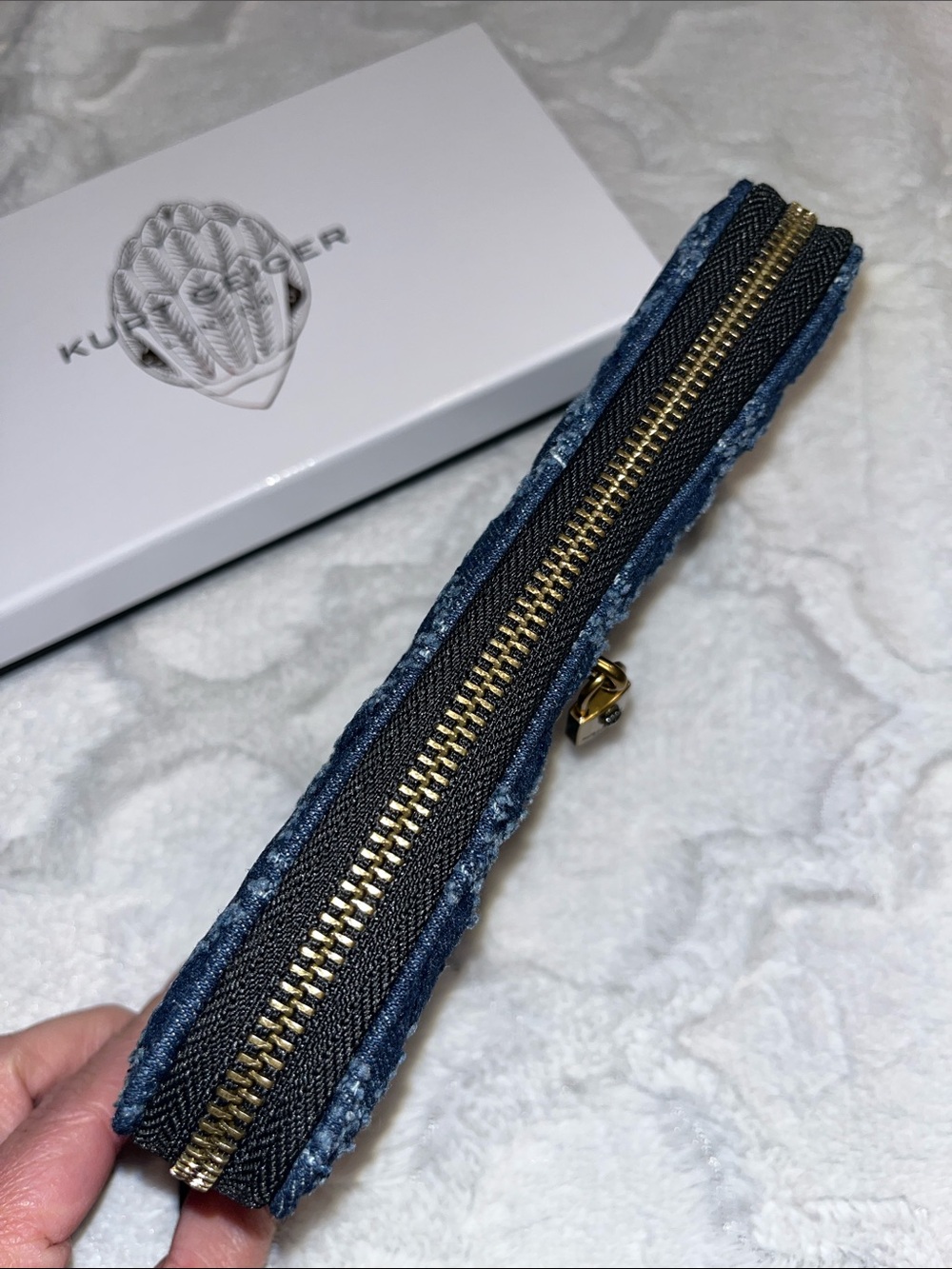 Kurt Geiger NWT! Brixton Quilted Fringed Denim Zip Around Wallet - Picture 6 of 8